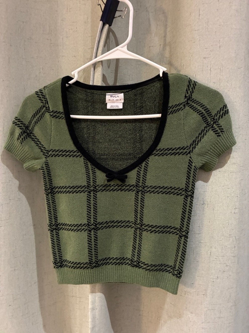 RVCA Olive Green and Black Plaid Knit V-Neck Top